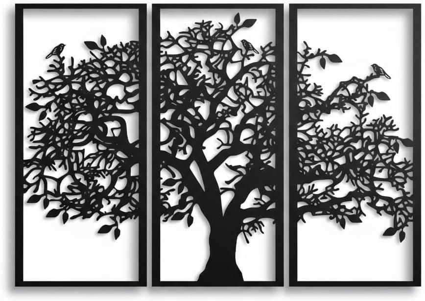 3 Panels Family Tree Metal Wall Decor Tree of Life Metal Wall Art, Home Bedroom Living Room Decor 3D Wall Art 3 Panels Family Tree Metal Wall Decor Modern Decoration (Black, 30"W x 20"H/76x51cm)