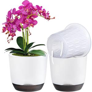 QCQHDU 2 Pack 5.7 Inch Orchid Pots with Holes for Repotting, Double-Layer and Self Watering Orchid Pot with Good Air Circulation (White & Black)