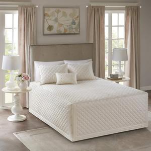 Madison Park Breanna 100% Cotton Fitted Bedspread Classic Traditional Design All Season, Lightweight, Bedding Set, Matching Shams, King(79"x81+24D), Diamond Quilting Ivory 4 Piece