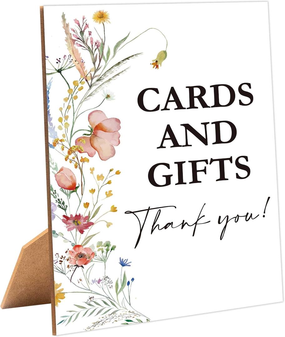 Boho Wildflower Cards and Gifts Sign for Baby Shower, 1 Pack Wooden Sign with Stand Tabletop Decor, Boho Baby Shower Decoration, Gender Neutral Party Supplies - WGD16
