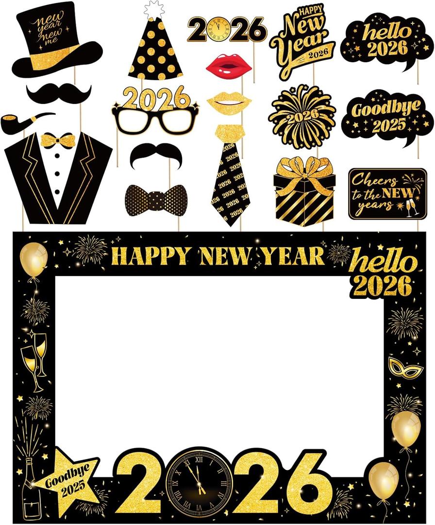 New Years Eve Party Supplies 2026 - Deluxe NYE Photo Booth Props Kit with Giant Glitter Photo Frame, 2026 Glasses (Pack of 20)