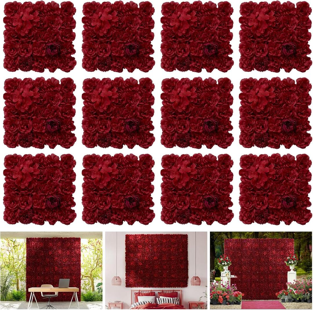 Flower Wall Panel 12 pcs 16.5x16.5 Inch Floral Wall Backdrop Artificial Silk Rose Wall Decor Ideal for Wedding Celebrations, Festive Party Backdrops, and Home Decor-Maroon