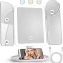 Lighted Makeup Vanity Mirror, Height Adjustable Trifold Mirror with Seamless Light Strip, 1X/2X/3X/10X Magnification, 2000mAh Rechargeable Desk Mirror, Dimmable 3 Color Lighting, Gifts for Mom Women (Creamy White)