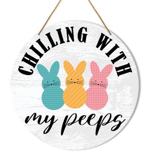 5 x Muktoujaumai Easter Wall Sign Decor, Easter Spring Hanging Sign Decorations Farmhouse Decor Wall Sign for Home, Living Room, Bedroom, Office, Chilling with My Peeps