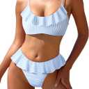 ZAFUL Ruffle Bikinis for Women Scoop Neck Swimsuits Lace Up Bikini Sets Padded Swimwear High Cut 2 Piece Bathing Suits (Small, Pattern:stripe Blue)