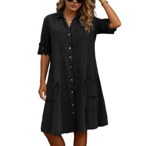 QXE Denim Dress for Women 2026 Summer Casual Lace Trim Half Sleeve Blue Jean Dresses Button Down Shirt Dress Western Outfits