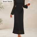 ZESICA Women's Long Sleeve Floral Bodycon Dress 2026 Spring Fall Ruched Mesh Wedding Guest Cocktail Party Maxi Dresses (Black, S)