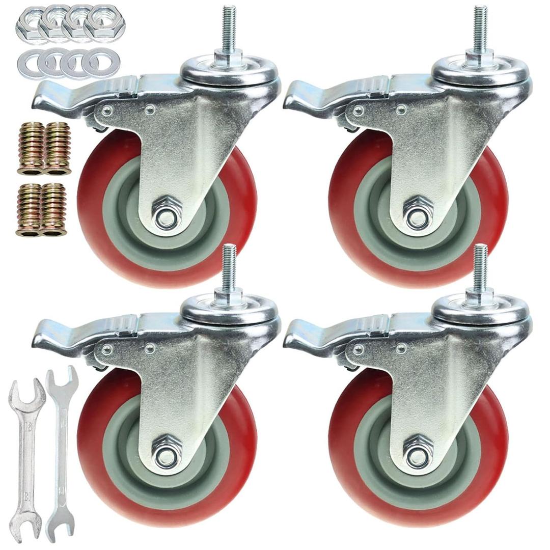 Heavy Duty Stem Caster Wheels Double Bearing PU Castors No Noise Swivel Casters M8-1.25x25mm 4 Packs with Dual Locking (4 Inch,With Brake)