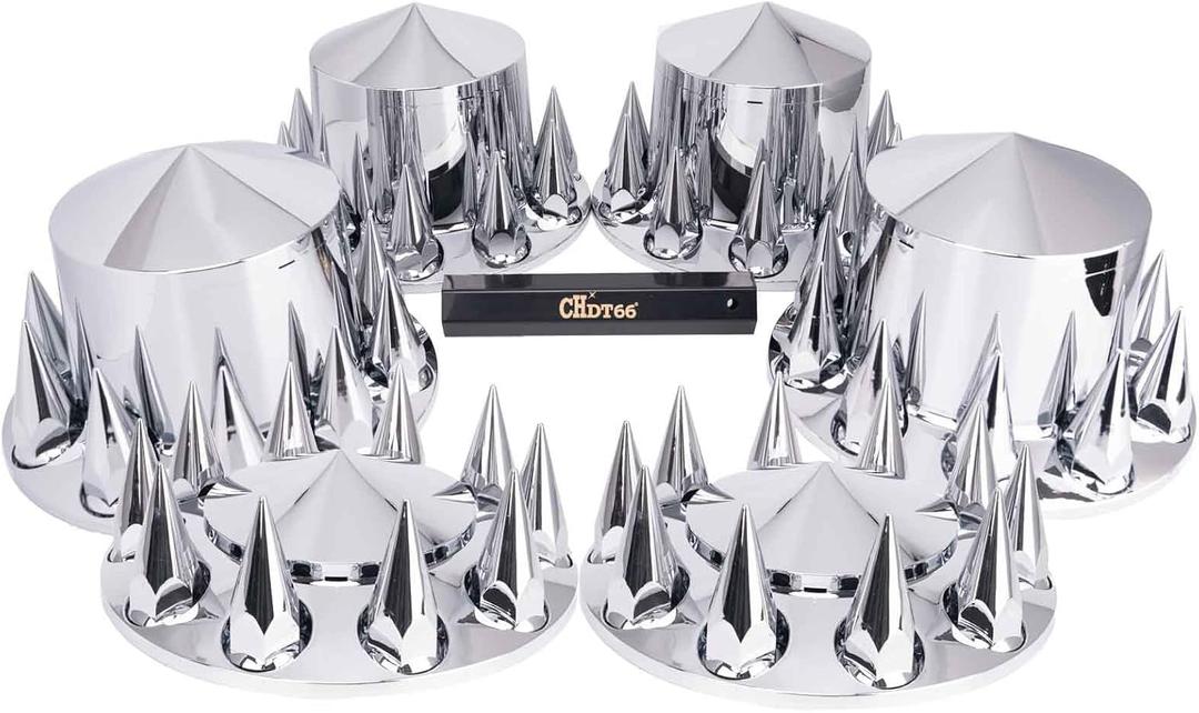 Complete Chrome Wheel Cover Set, 33mm Lug Nut Covers for Semi Trucks, Pointed & Screw On, 2 Front and 4 Rear Axle Wheel Covers w/Removable Hub Caps (Installation Tool Included) (Point Top, Screw On)