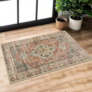 Lahome Oriental 2x3 Washable Rugs for Entryway, Soft Door Mat Indoor Entrance Small Kitchen Rugs Non Slip Ultra-Thin, Vintage Carpet for Bedroom Bathroom Eleanor, Peach/Orange
