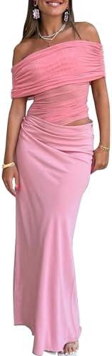 HOCILLE Women's Sexy Elegant Off Shoulder Long Formal Dress Mesh Bodycon Ruched Cocktail Party Maxi Dresses, L