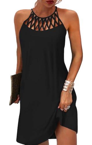 LOVESHOOT Summer Dresses for Women 2026 Casual Floral Printed Hollow Out Halter Neck A-line Sundresses for Beach Vacation Holiday with Pockets Solid Color Black Size M