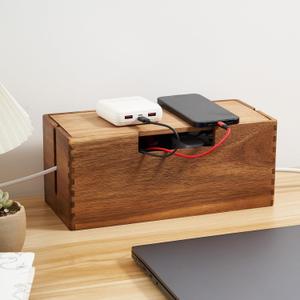 Acacia Wood Cable Management Box, Wooden Cord Hider & Organizer for Power Strip, Electrical Hiding, TV Wires, Desk & Floor Cables - Office Under Desk Cable Storage Box for Wire Storage Organization