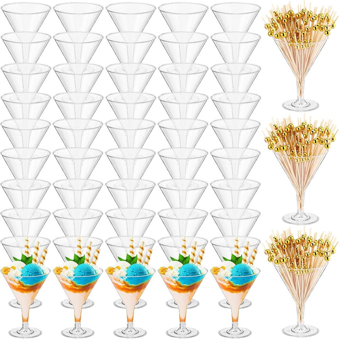 Irenare Clear Plastic Martini Glasses and Gold Pearl Cocktail Picks Set Disposable Plastic Martini Cups Clear Mini Dessert Glasses for Weddings Party Wine Appetizers Food(100 Pcs,7 oz) (7 oz)