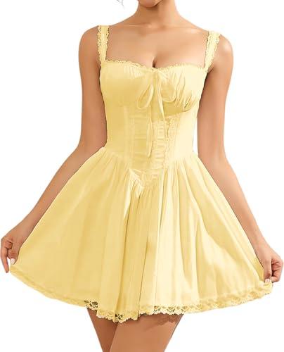 Womens Summer Mini Dress Square Neck Tie Front Lace Spliced Ruched Backless Casual Party Graduation Short Bodycon Dresses Yellow Size S