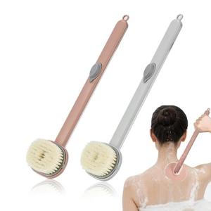 Long Handle Bath Brush with Soap Dispenser - 2 Pack Back Scrubber for Shower & Massage Cleaning, Soft Microfiber Bristles for Deep Cleaning & Relaxation(Pink+Grey)