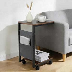 comfoyar C Shaped End Table with Wheels, Small Side Table for Couch with Storage Bag, Slide Under Sofa Side Table TV Trays with Metal Frame for Living Room, Bedroom, Office