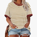 ROSRISS Womens-Plus-Size-Tops Summer Striped Short Sleeve Casual Crewneck Oversized T Shirts Trendy Color Block Basic Tunics