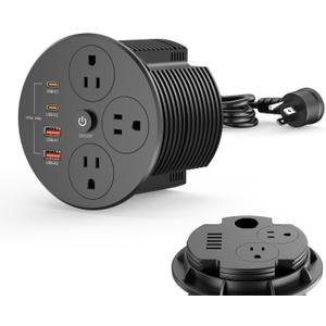 Desktop Power Grommet with 100W USB C, Double-Side Recessed Charging Station Plug in 5AC Outlets & 4 USB Ports, 4-Inch Hole Furniture Flush Mount for Countertop Black