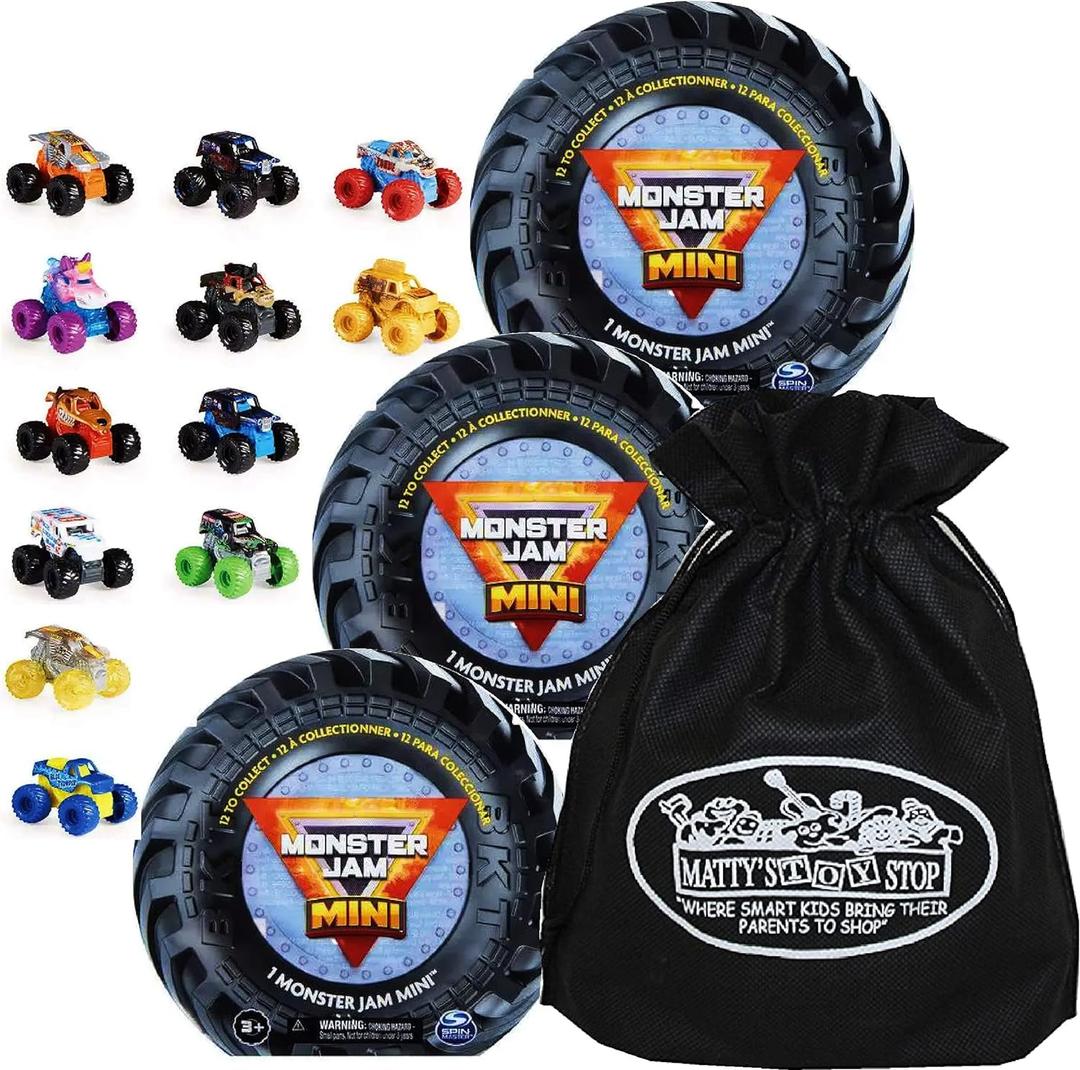 Matty's Toy Stop Monster Jam Mini Mystery Collectible Monster Trucks (1:87 Scale) Gift Set Party Bundle Storage Bag - 3 Pack (Assorted)