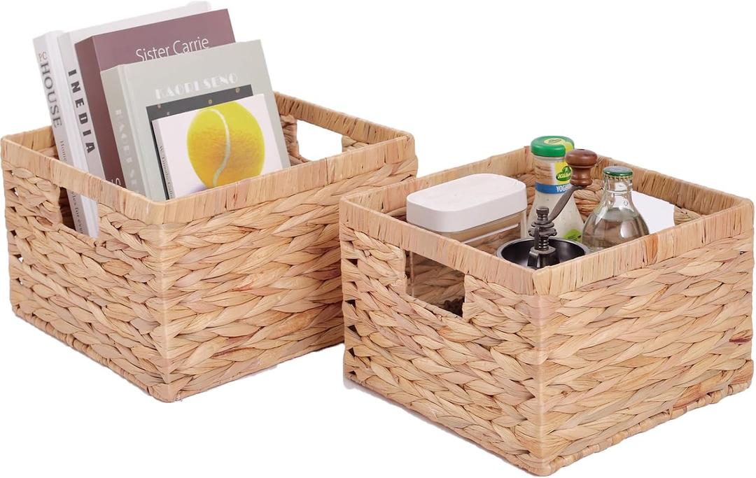Large Wicker Basket Set of 2 Woven Baskets for Shelves Gift Baskets Empty Wicker Storage Organizing with Built-in Handles 2-Pack Nesting Woven Basket 11.8*11.8*7.1INCH
