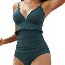 Charmo Frill Trim Ribbed One Piece Swimsuit Women Ruffled Ruched Tummy Control Bathing Suit (XL)