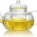Pumtus Glass Teapot with Removable Infuser, 900 ML/30 OZ Vintage Clear Stovetop Safe Tea Kettle, Embossed Floral Borosilicate Glass Water Pot, Delicate Tea Maker Gift for Blooming Loose Leaf Tea