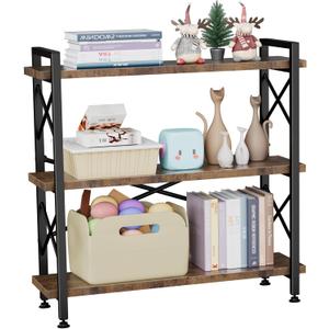 CROWNFURN 3 Tier Bookshelf 35.43" Width, Rustic Open 3 Shelf Short Bookcase with Metal Frame, Industrial Book Shelf for Home Office Bedroom Living Room (Rustic Brown)