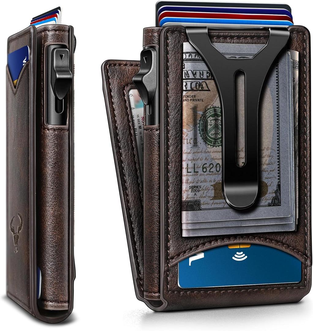BULLIANT Men Wallet,Magnetic Metal Wallet Money Clip 9Cards Pop-up Access RFID Blocking (Forest Brown-4337)