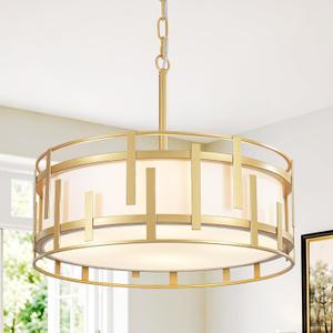 17.7" Gold Drum Chandelier for Dining Room, Geometric Modern Chandelier | 4-Light Modern Chandelier with White Fabric Shade, Adjustable Height Drum Chandeliers for Foyer Kitchen Island Bedroom, 17.7" W 7.1" H