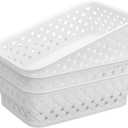 MaxGear Organization and Storage 3 Packs, Plastic Bins Organizer Bins, Woven Baskets for Storage, Plastic Baskets with Handles, White Basket for Organizing, Basket Organizer for Home and Office, Small