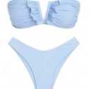 ZAFUL Women's Strapless Ribbed V Wired Lace Up Ruffle Tie High Cut Bandeau Swimsuits Bikini Set, M
