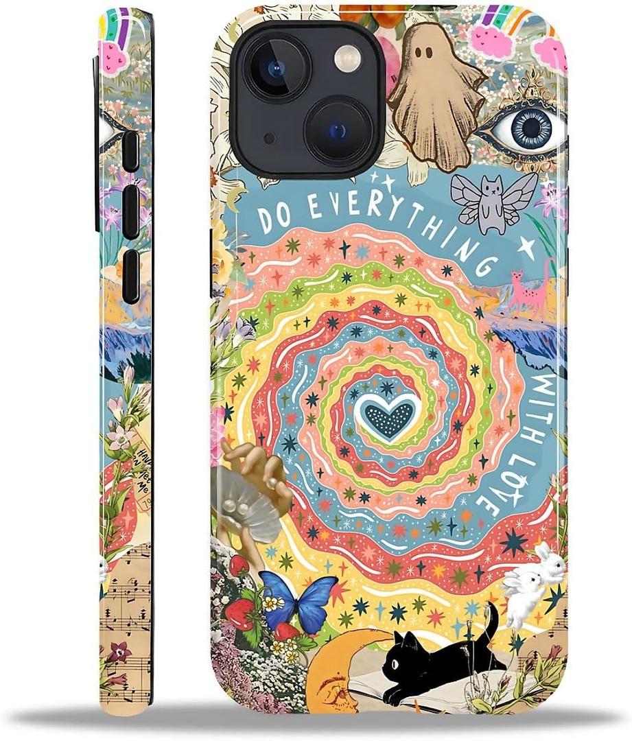 Case for iPhone 15, Hybrid 2-Layer Case, Shockproof Military-Grade Protection Durable Anti-Scratch Phone Case for Woman Man Boy Girl, Love Vibes Collage