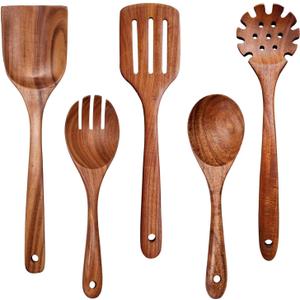 Wooden Spoons for Cooking Non-Stick Kitchen Pan Toolset 5 PCS Set,Natural Kitchen Utensils Spatula, Wooden Cooking Utensils Spoons, Fried Spatula and Salad Fork, Pasta Spoon, Wooden Spoon Set