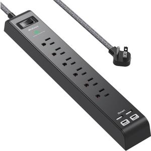 Surge Protector Power Strip - 6 Outlets 4 USB Charging Ports, 5Ft Braided Extension Cord, Flat Plug, Overload Protection, Wall Mount for Home Office, Dorm Room Essentials, Black
