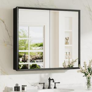 TokeShimi 30 x 26 Medicine Cabinet Mirror for Bathroom, Assembly Required, Black Recessed Medicine Cabinet with Mirror, Stepless Adjustable Shelves, Beveled Aluminum Frame, Tempered Glass