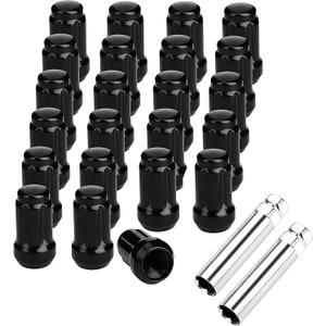 NPAUTO Wheel Lug Nuts 1/2'' x20 Thread, Conical Bulge Seat, Closed End Bulge Acorn Spline 1.38" Tall 3/4" Hex Fit for Wrangler, Ford Explorer F-150 Mustang, Impala, Dodge Dakota (Pack of 23+2, Black)