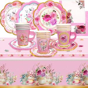 WorldBazaar Tea Party Disposable Tableware Set Pink Tea Party Supplies 12 Sets Floral Paper Tea Cups and Saucers Plates Napkins Tablecloth Pink Birthday Mothers Day Decorations Women Girls Adults