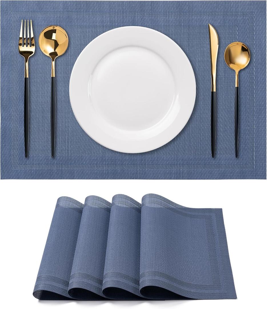 CADONO Placemats Set of 4 Washable Indoor/Outdoor Vinyl Place Mats for Dining Table Durable Non-Slip Heat Resistant PVC Weave Table MatsSimple Style-Deep Blue