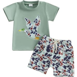 Toddler Baby Boy Hunting Clothes Mallard Duck Embroidery Short Sleeve T-Shirt Camouflage Shorts Set Summer Outfit (Green)