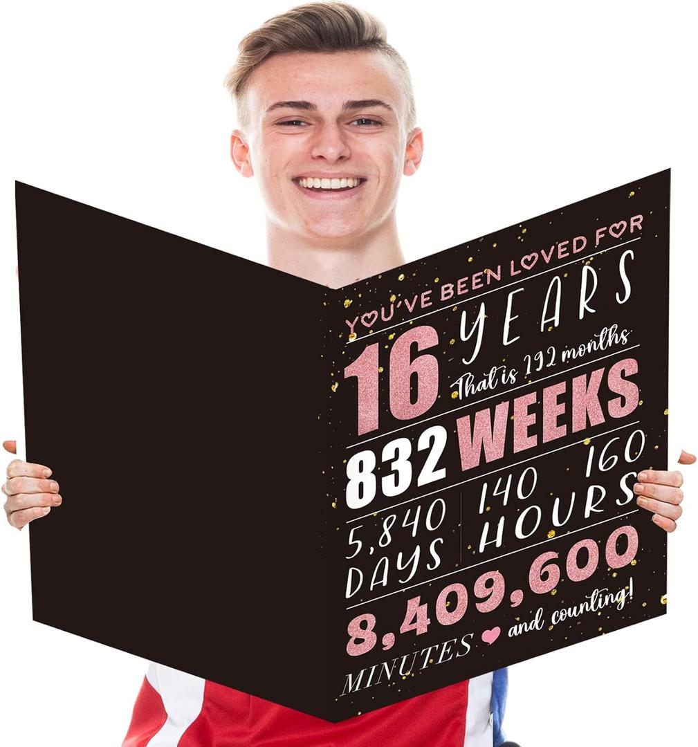 6 x 16th Birthday Gift Card with Envelope,Jumbo 16th Happy Birthday Cards for Boys Girls,16 Birthday Decorations,Oversized 22x14 Inch Extra Large Birthday Card,Sixteen Party Decorations,16 Year Old Boy