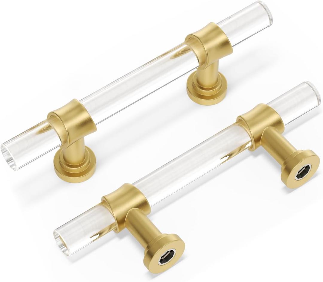 Peaha 10 Pack 3 Inch Acrylic Cabinet Pulls Gold Drawer Handles Brushed Brass Hardware Zinc Alloy for Dresser Cupboard Kitchen (3in(76mm) Hole Center)