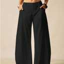 Baggy Barrel Pants Women Cotton Linen Summer Palazzo Pants Casual Wide Leg Trousers with Pockets (Black, XL)