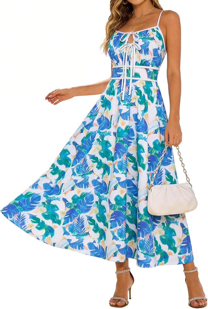 GRACE KARIN 2026 Women's Summer Maxi Floral Dress, Spaghetti Strap Tie Front Boho Sundress with Pockets, Small