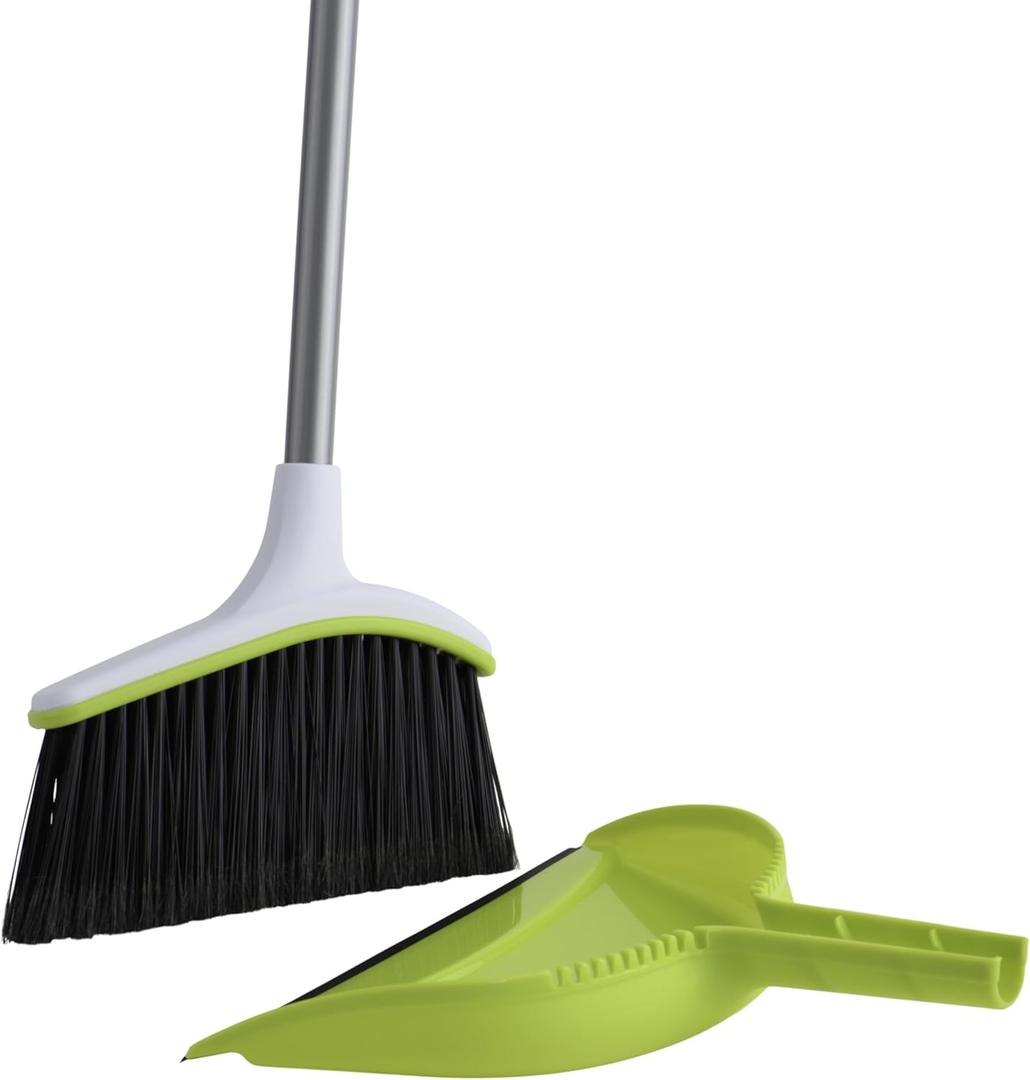 Casabella Broom & Dustpan Set, 44-Inch Angled Broom with Snap-On Dustpan, Durable Bristles, Innovative Dustpan, Convenient Storage - Perfect for Tile, Wood, and Laminate Floors (Silver/Green)