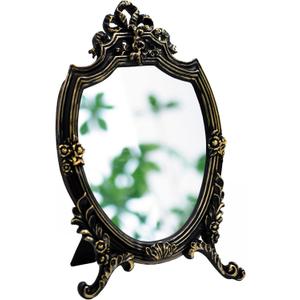 Eaoundm Resin Frame Decorative Wall Mirror Makeup Mirror Tabletop Mirrors, for Bedroom Living-Room Dresser Decor 8.2W x 13 L inchs (Black)