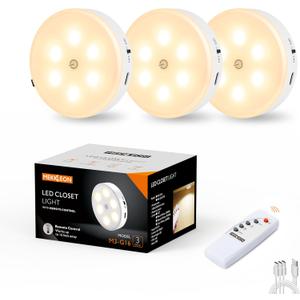 Puck Lights with Remote Control,1000mAh Rechargeable Under Cabinet Lighting,3Pack LED Closet Tap Light,Cordless Stick On Lights for Under Cabinet,Hallway,Stairway,Closet (Warm White)