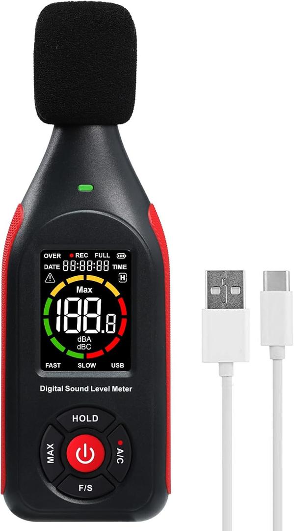 Decibel Meter Sound Level Data Logger, Portable SPL Meter Noise Monitor with Data Logging & Graph Printing, A/C Weighted, 30~130dB, Fast/Slow, MAX, Data Hold, 3-Color Alarm for Noisy Neighbor Factory