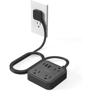 Surge Protector Power Strip, TESSAN Flat Extension Cord 5 FT with USB Ports (1 USB C) and 3 Outlets, Ultra Thin Flat Plug Wall Charger for Home, Office, School, Dorm Room Essentials, Black