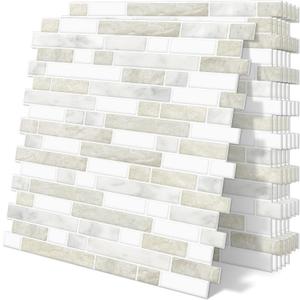 Thick Kitchen Backsplash 3D Peel and Stick Tile 12"x12" Self Adhesive Sticky Marble Tiles Bathroom Wall (10-SheetBeige White)